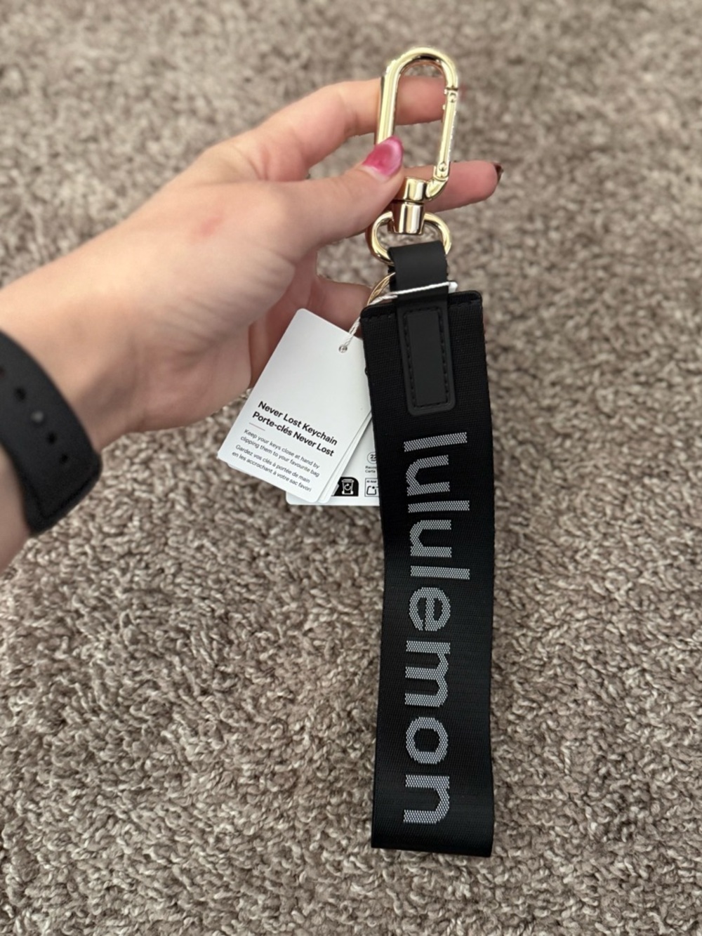 NWT Lululemon Never Lost Keychain Black with Gold Hardware